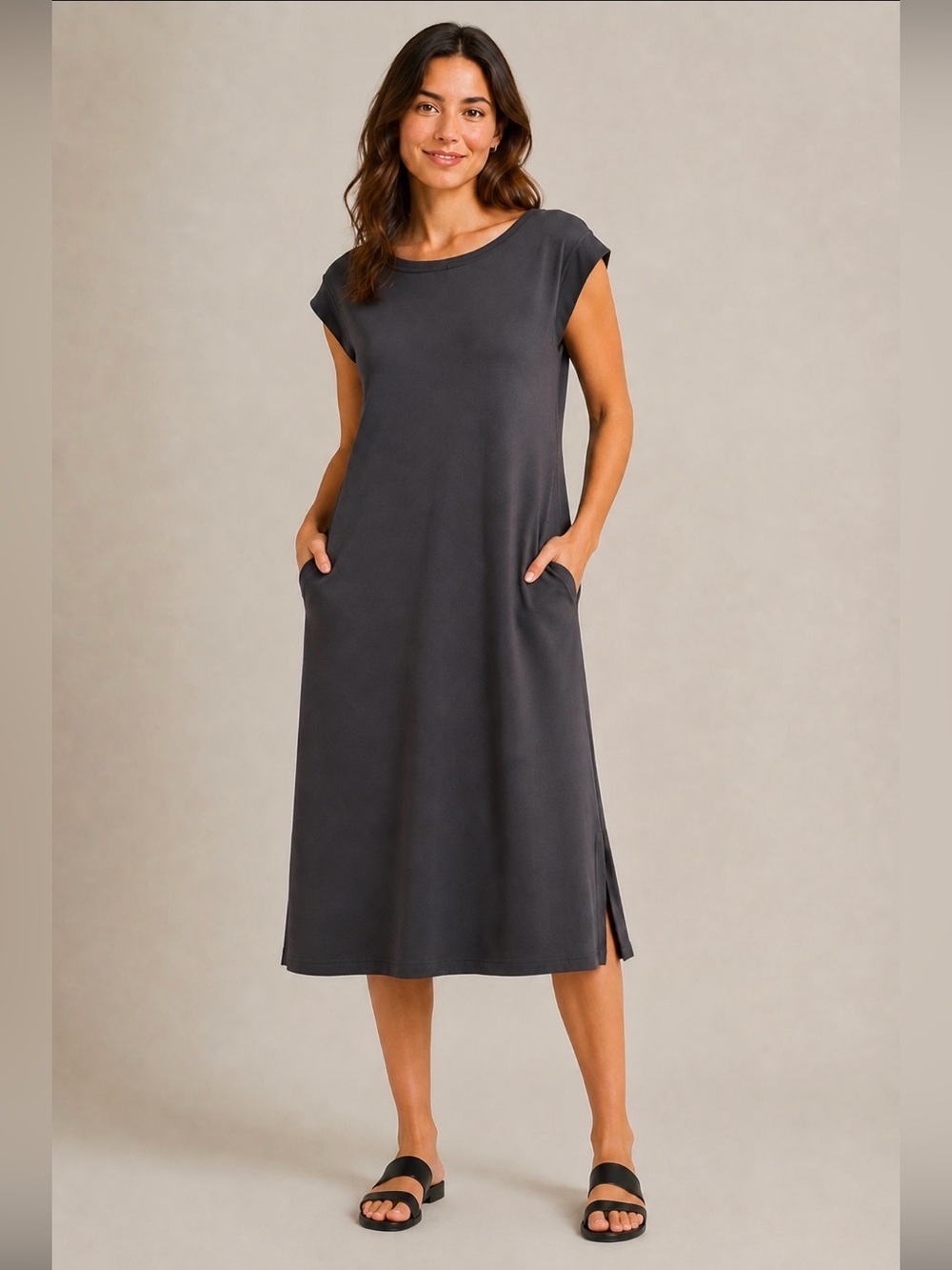GRECERELLE Charcoal Gray Cap Sleeve Midi Dress Pockets Side Slits NWT